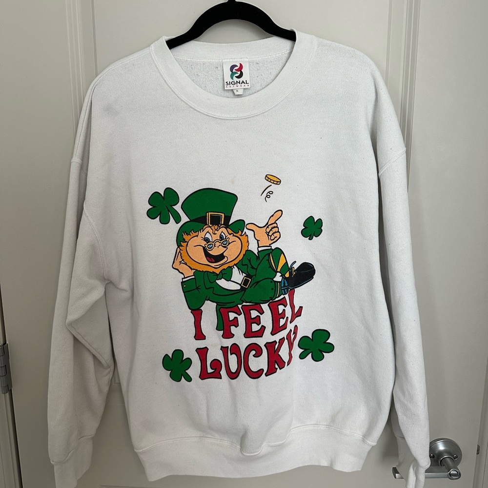 Vintage I Feel Lucky Crewneck Sweatshirt Adult XLarge White Leprechaun USA Made